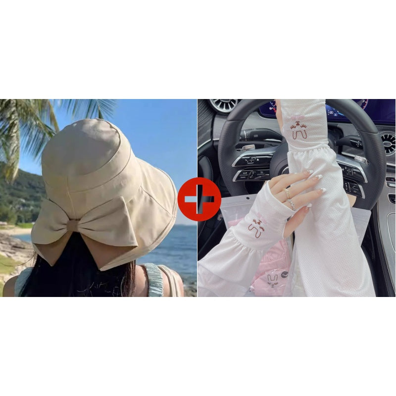 👒 💐 Women's Bowknot Wide Brim Sun Protective Hat – Oversized wide brim blocks UV rays, delicate bow decor, lightweight breathable fabric, ideal for beach, travel & outdoor walking✨