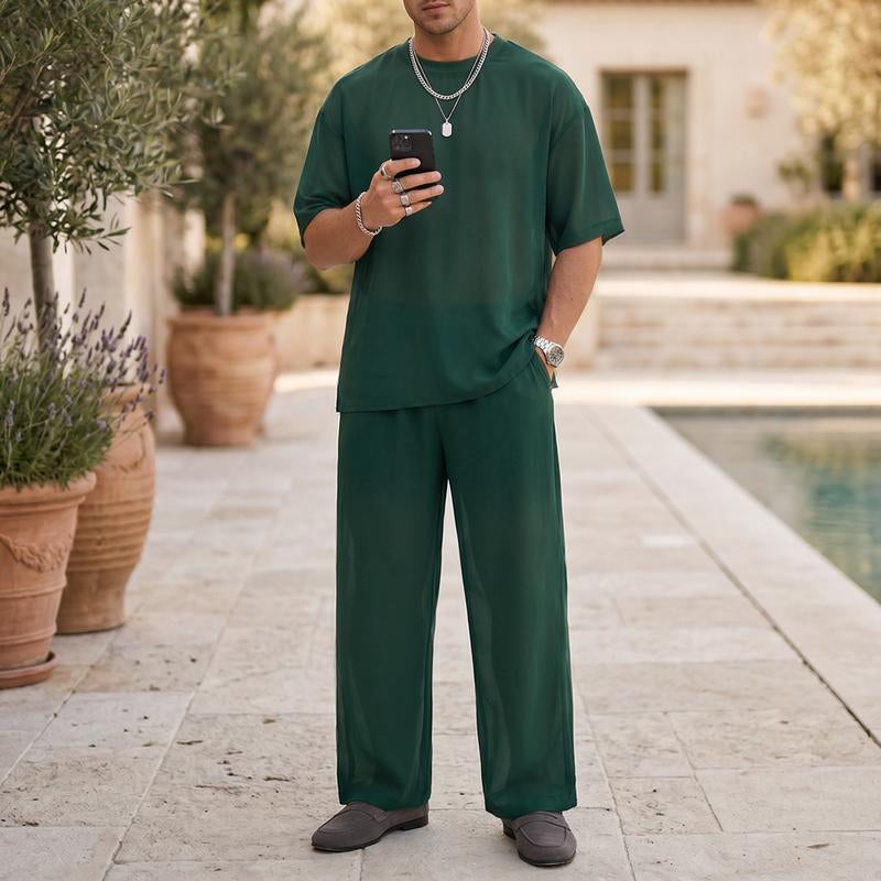 Men's Casual Loose T-shirt & Wide Pants 2-Piece Set – Streetwear Matching Outfit – Daily Lounge & Comfortable Fit 🌟