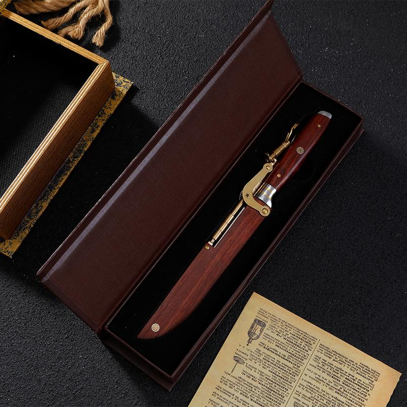 Vintage Wood-Handle Pocket Tool with Brass Buckle – Compact Portable Design