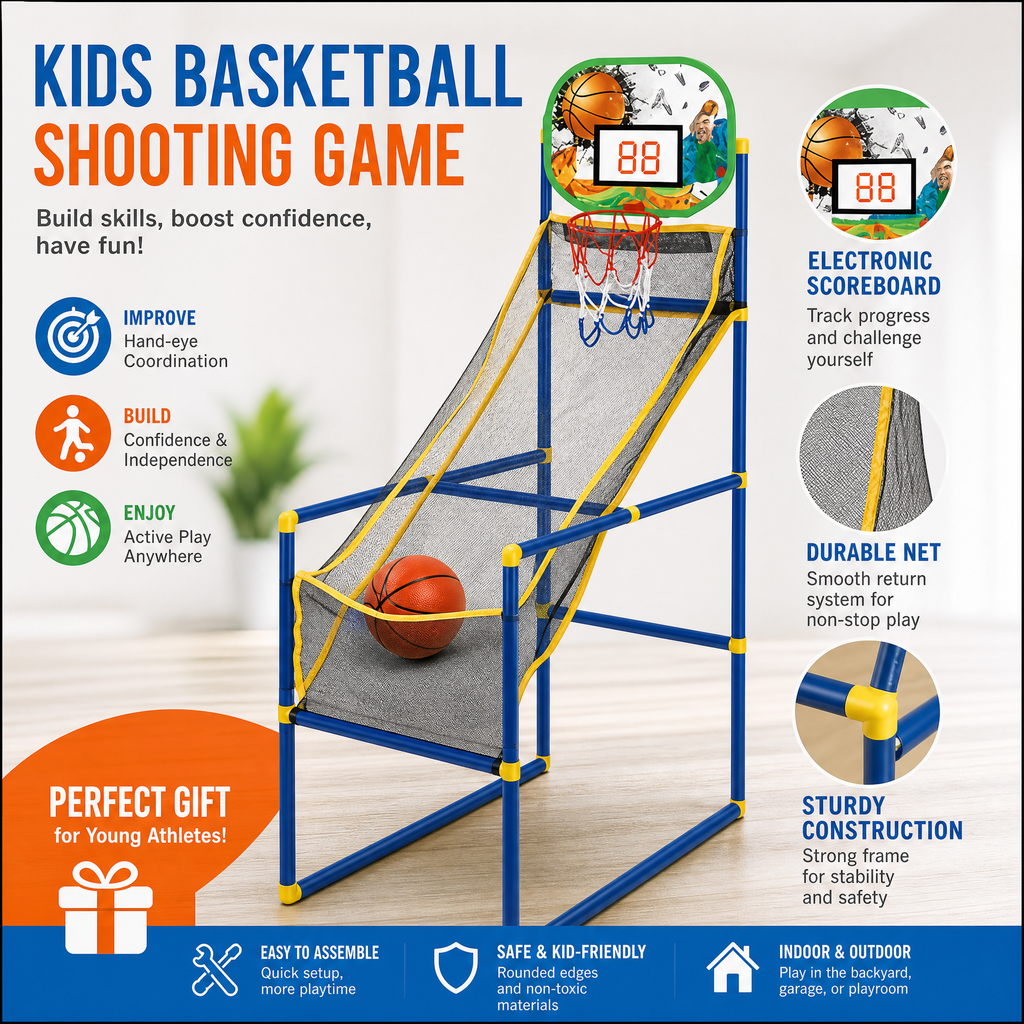 🥳2026 HOT SALE🥳💞50K+ SOLD!🏀🎯Kids‘ Indoor Basketball Arcade Game – Auto ball return, sturdy & safe. 4 balls + pump included. Quick setup, endless fun! 🧒💨