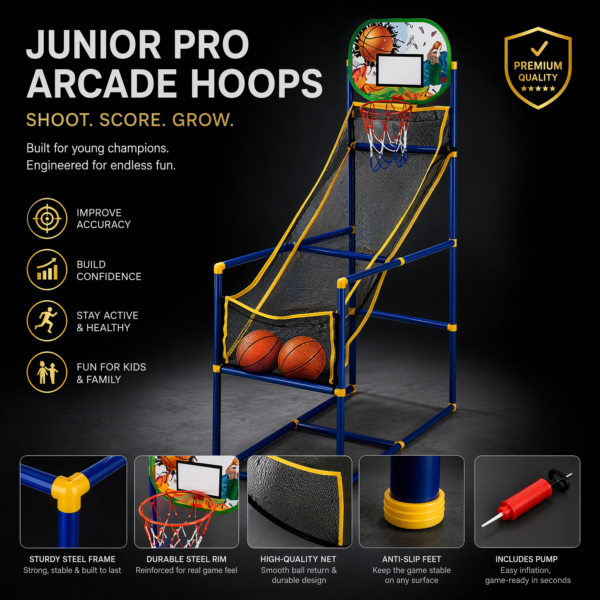 🥳2026 HOT SALE🥳💞50K+ SOLD!🏀🎯Kids‘ Indoor Basketball Arcade Game – Auto ball return, sturdy & safe. 4 balls + pump included. Quick setup, endless fun! 🧒💨