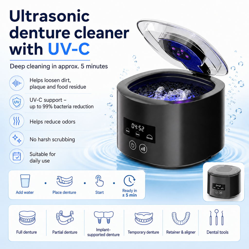 ❄️Limited-time 50% off! 🦷Ultrasonic UV-C denture cleaner—just 5 minutes to leave your dentures fresh and clean.