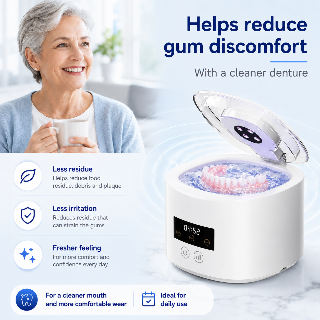 ❄️Limited-time 50% off! 🦷Ultrasonic UV-C denture cleaner—just 5 minutes to leave your dentures fresh and clean.