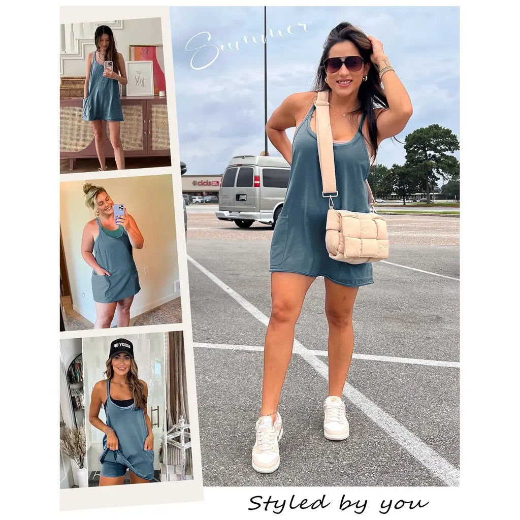 ✨Summer Bestseller Women V Neck Spaghetti Strap Mini Dress With Built-in Shorts