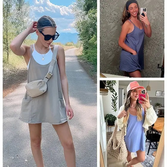 ✨Summer Bestseller Women V Neck Spaghetti Strap Mini Dress With Built-in Shorts