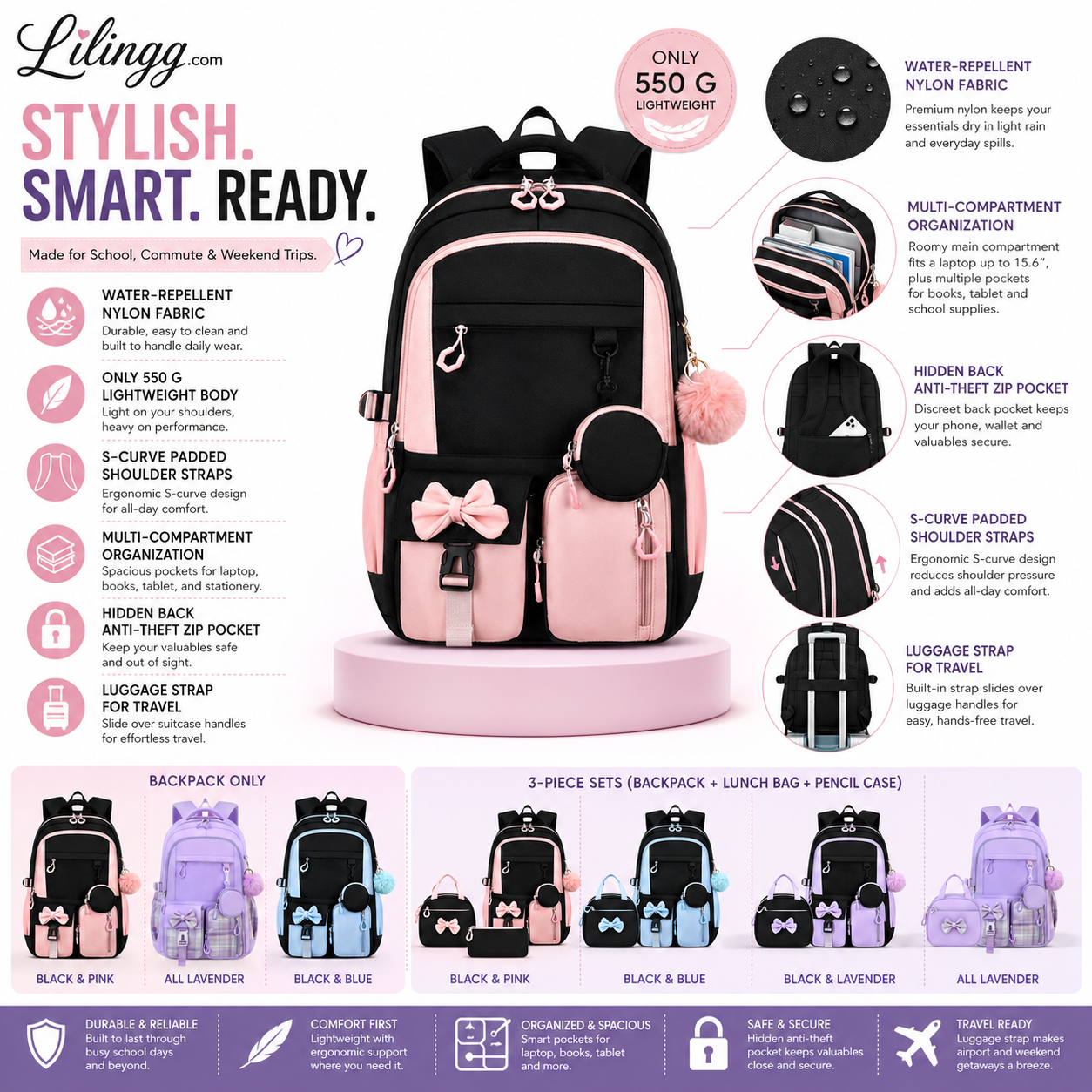 🎀🎒 50% OFF! ⚡Cute Bowknot Lightweight School Backpack – Water Repellent & Anti-Theft!