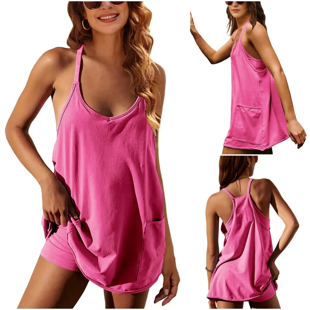 ✨Summer Bestseller Women V Neck Spaghetti Strap Mini Dress With Built-in Shorts