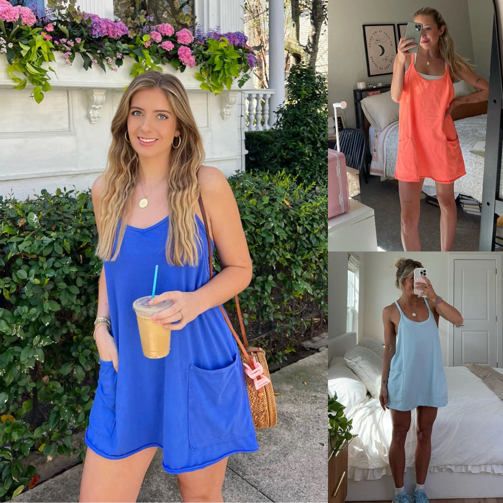 ✨Summer Bestseller Women V Neck Spaghetti Strap Mini Dress With Built-in Shorts
