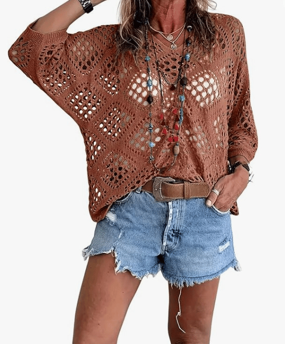 💥2026 HOT SALE💥Women's Bohemian-Inspired Beige Crochet Top with V-Neck