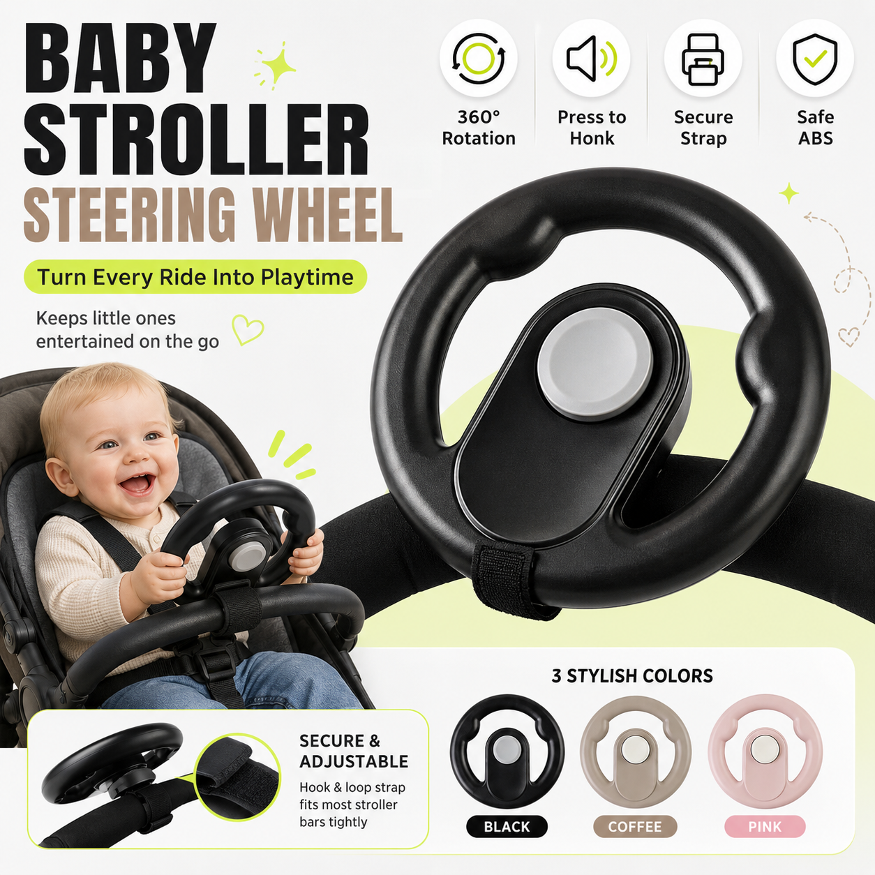 Baby Stroller Steering Wheel Toy – 360° Rotating Squeaky Horn Travel Toy for Toddlers🧭