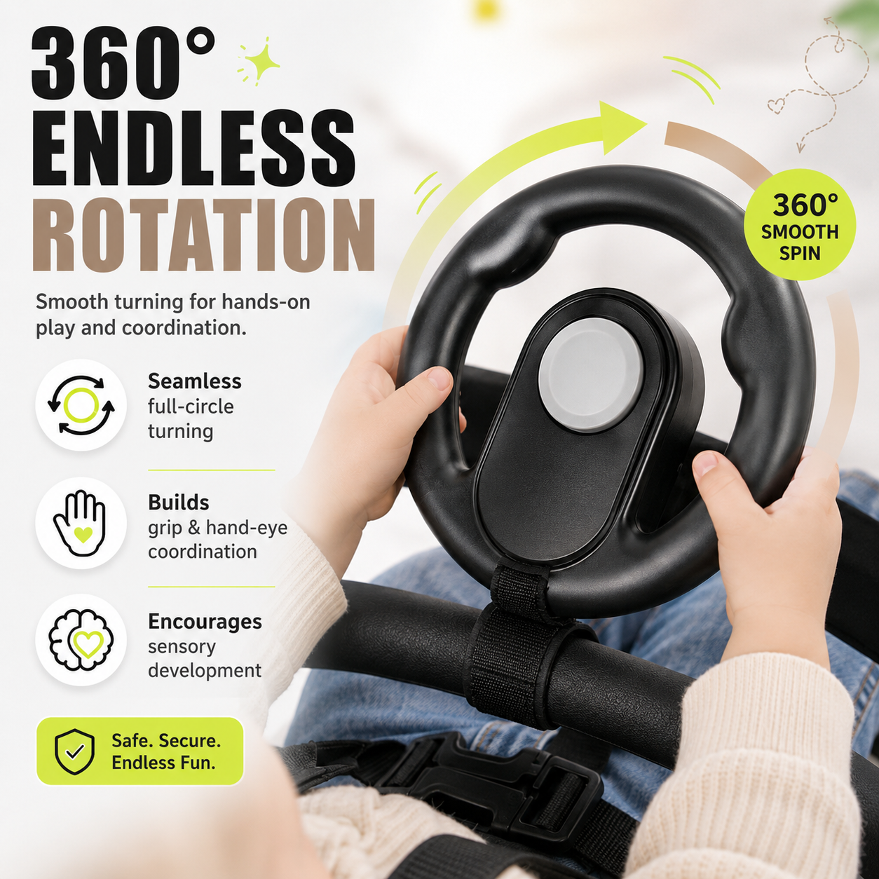 Baby Stroller Steering Wheel Toy – 360° Rotating Squeaky Horn Travel Toy for Toddlers🧭