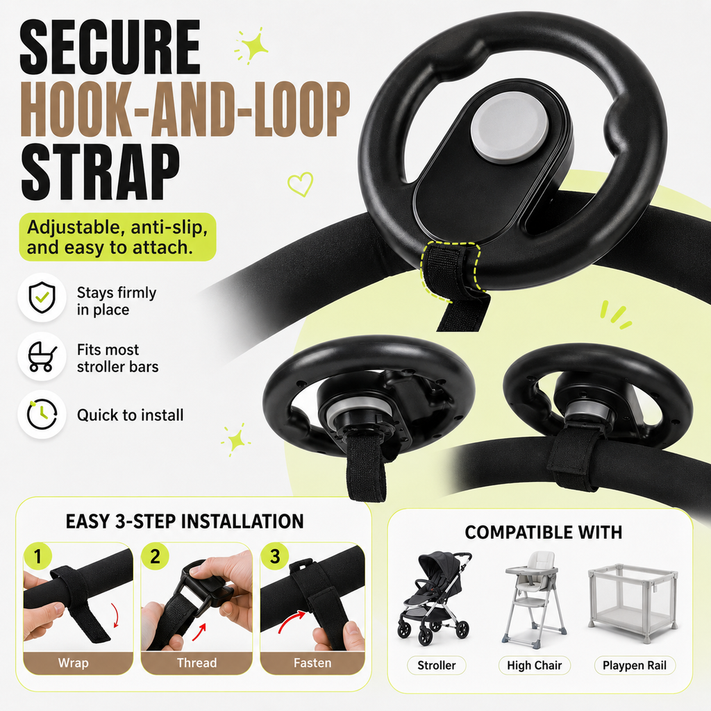 Baby Stroller Steering Wheel Toy – 360° Rotating Squeaky Horn Travel Toy for Toddlers🧭
