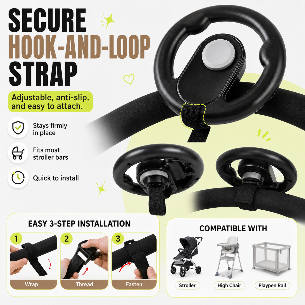 Baby Stroller Steering Wheel Toy – 360° Rotating Squeaky Horn Travel Toy for Toddlers🧭