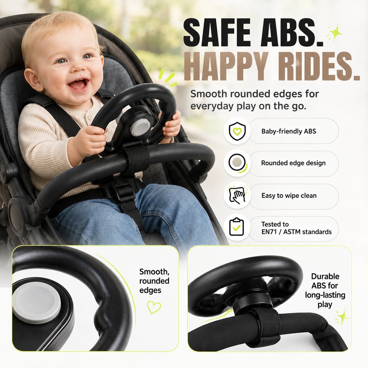 Baby Stroller Steering Wheel Toy – 360° Rotating Squeaky Horn Travel Toy for Toddlers🧭
