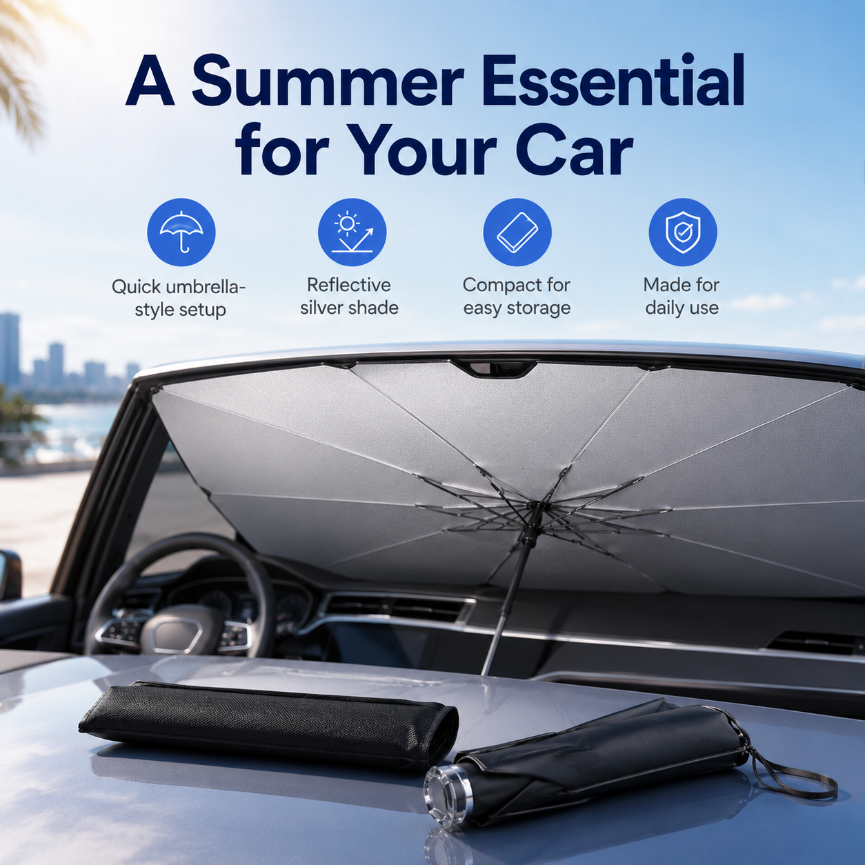 🔥Umbrella-Style Car Windshield Sunshade – Park Cooler in Seconds🌂