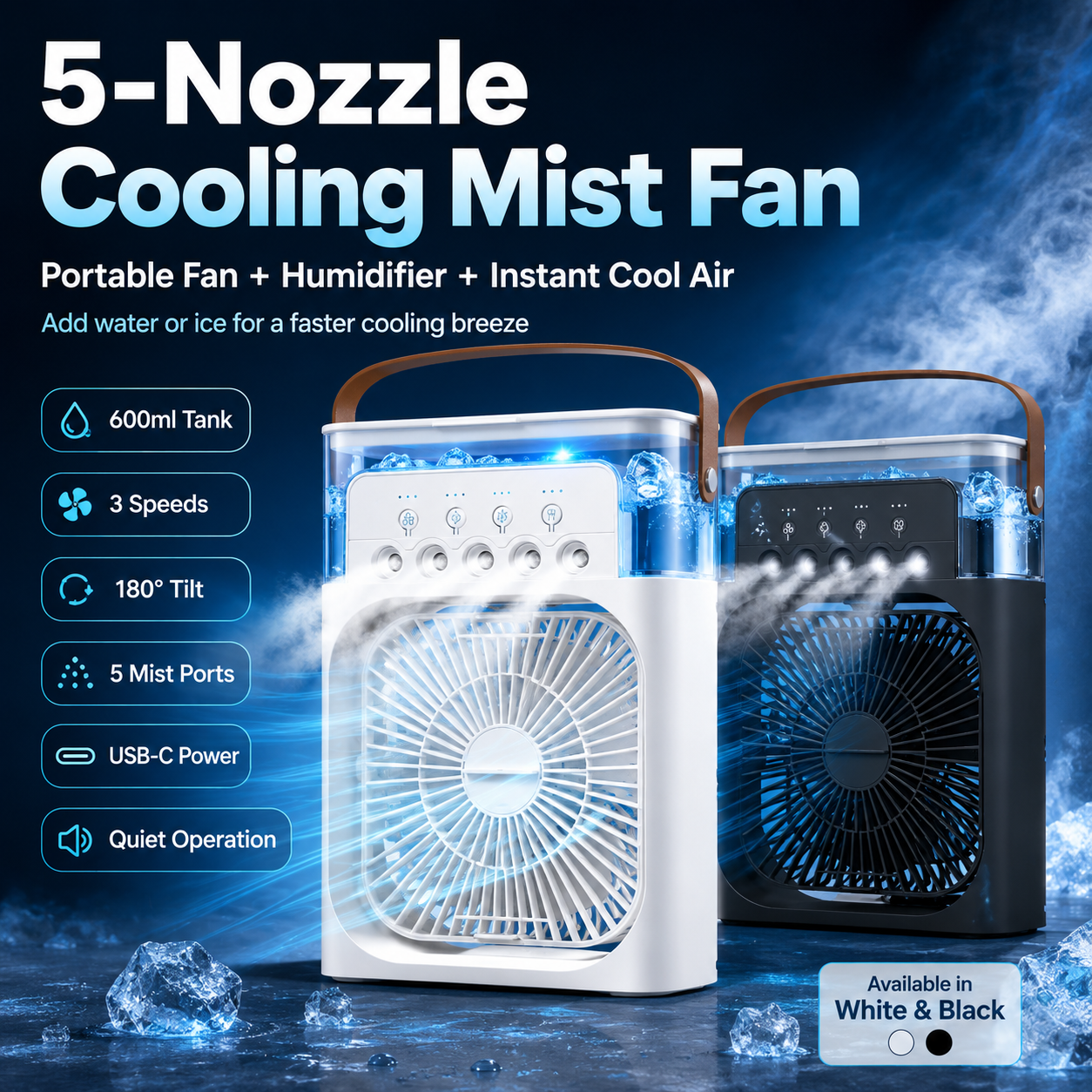 ❄️ 5-Nozzle Cooling Mist Fan — Add Ice, Feel the Chill 💨