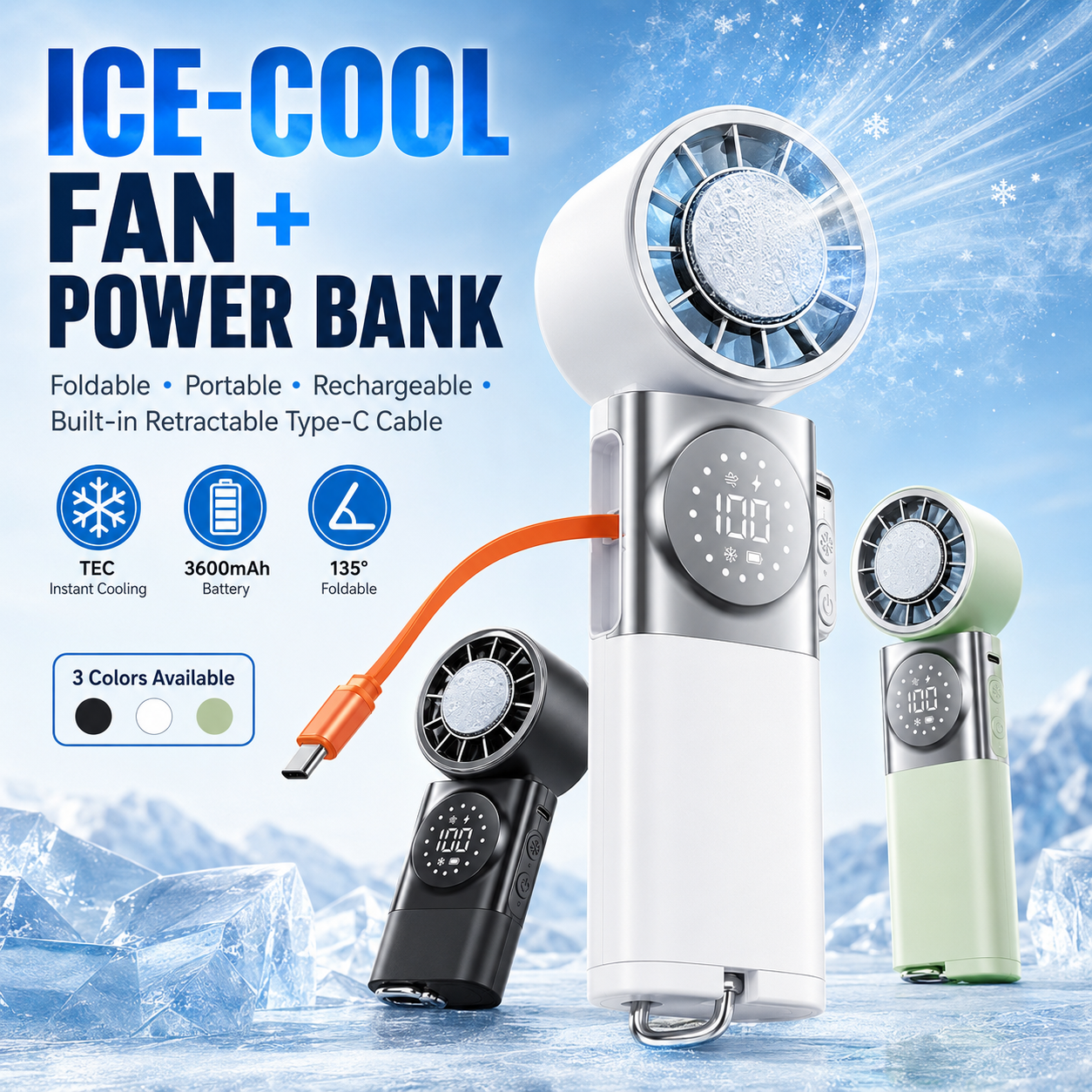 2-in-1 Portable Ice-Cooling Fan & Power Bank with Retractable Type-C Cable ❄️🔋