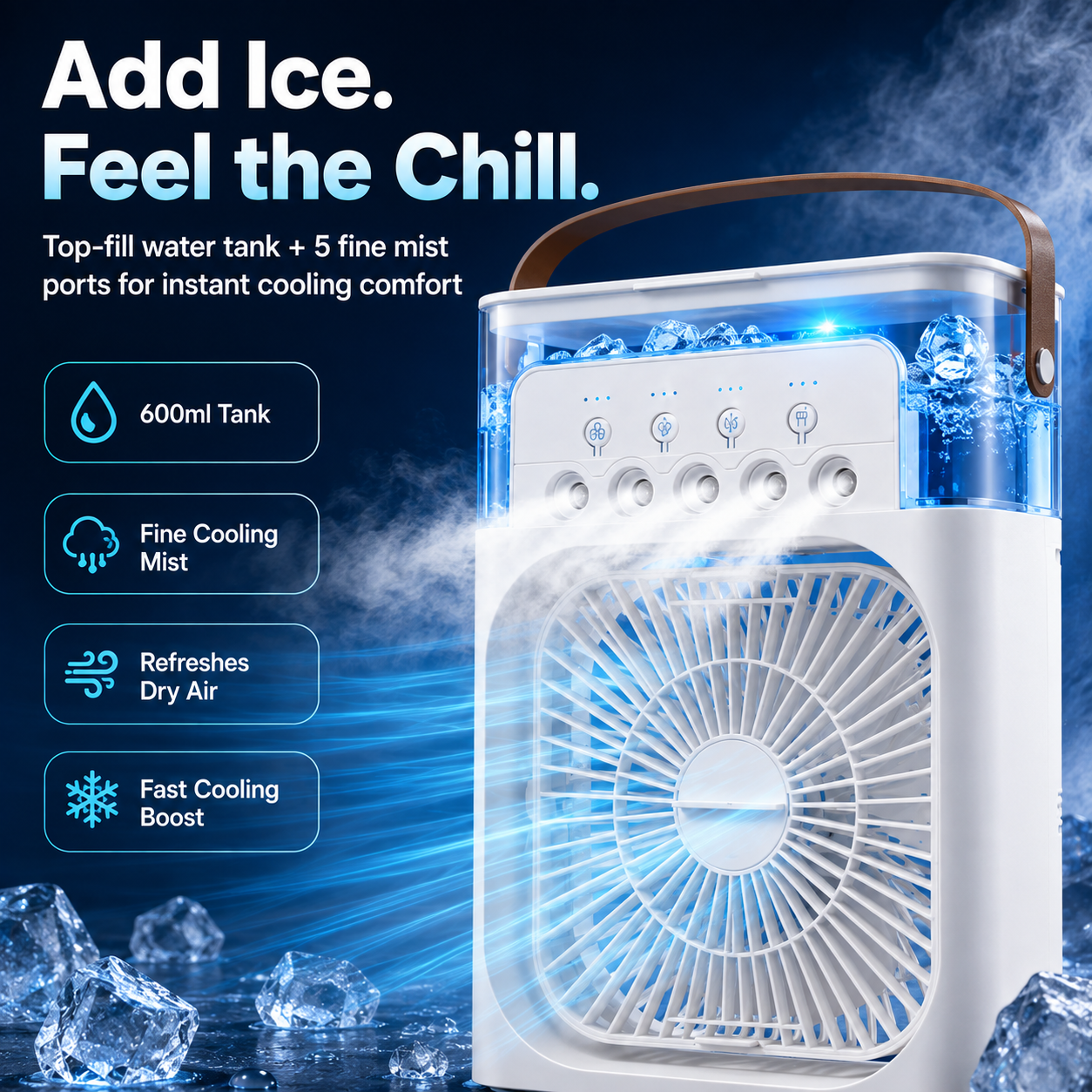 ❄️ 5-Nozzle Cooling Mist Fan — Add Ice, Feel the Chill 💨