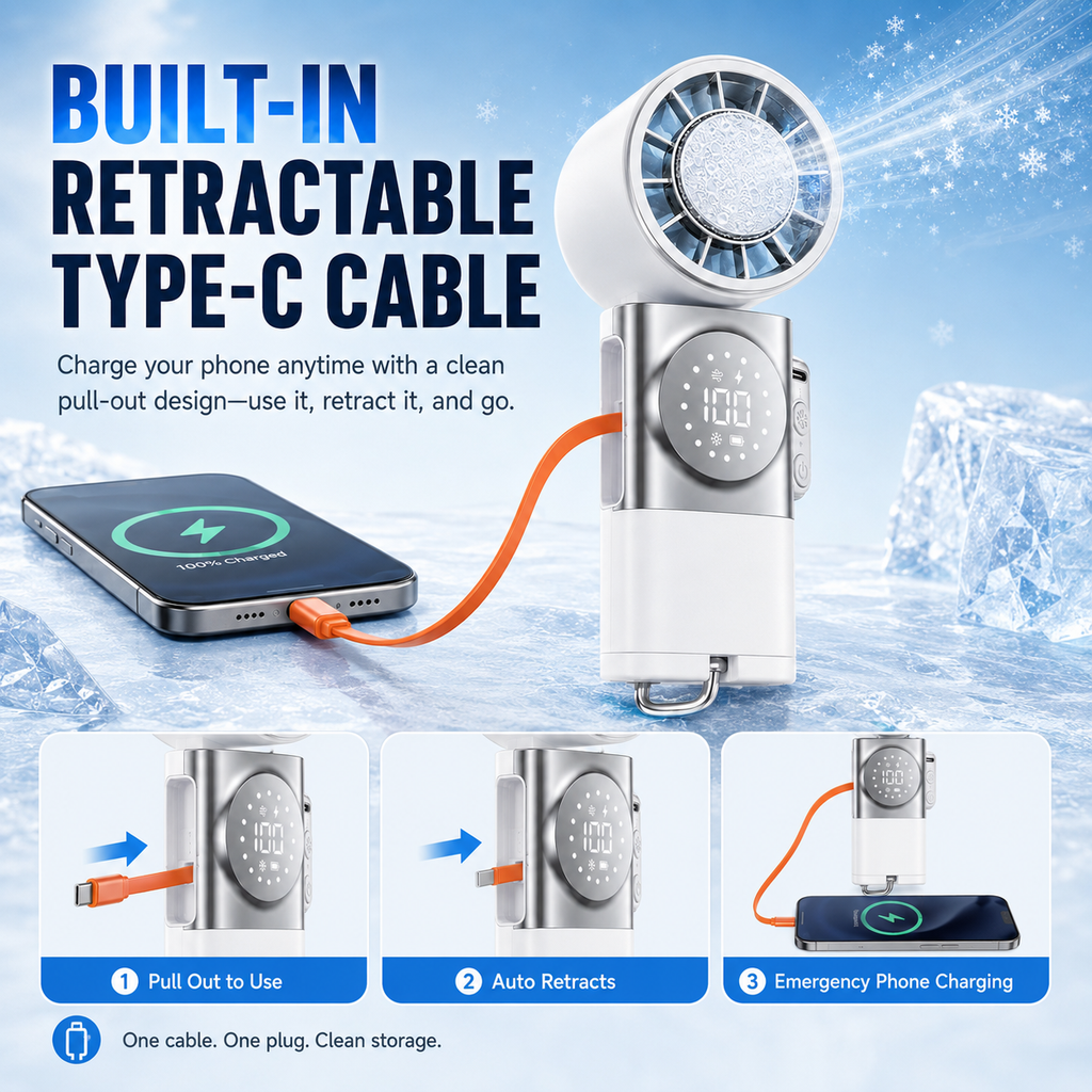 2-in-1 Portable Ice-Cooling Fan & Power Bank with Retractable Type-C Cable ❄️🔋
