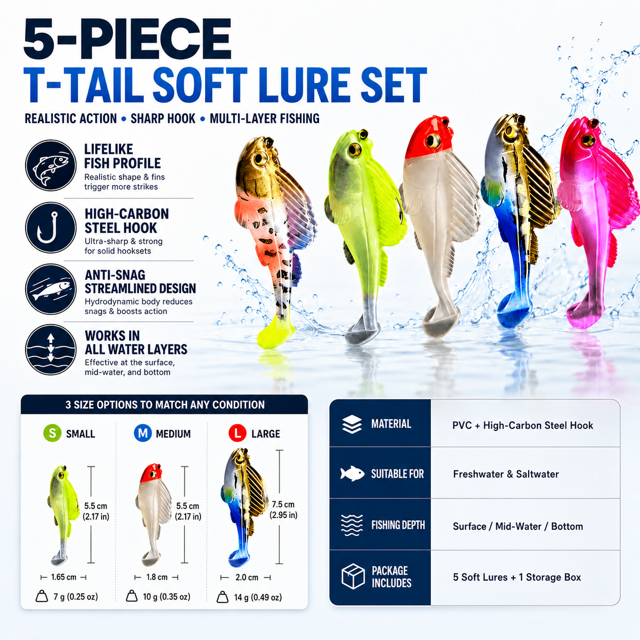 5-Piece T-Tail Soft Lure Set with Box
