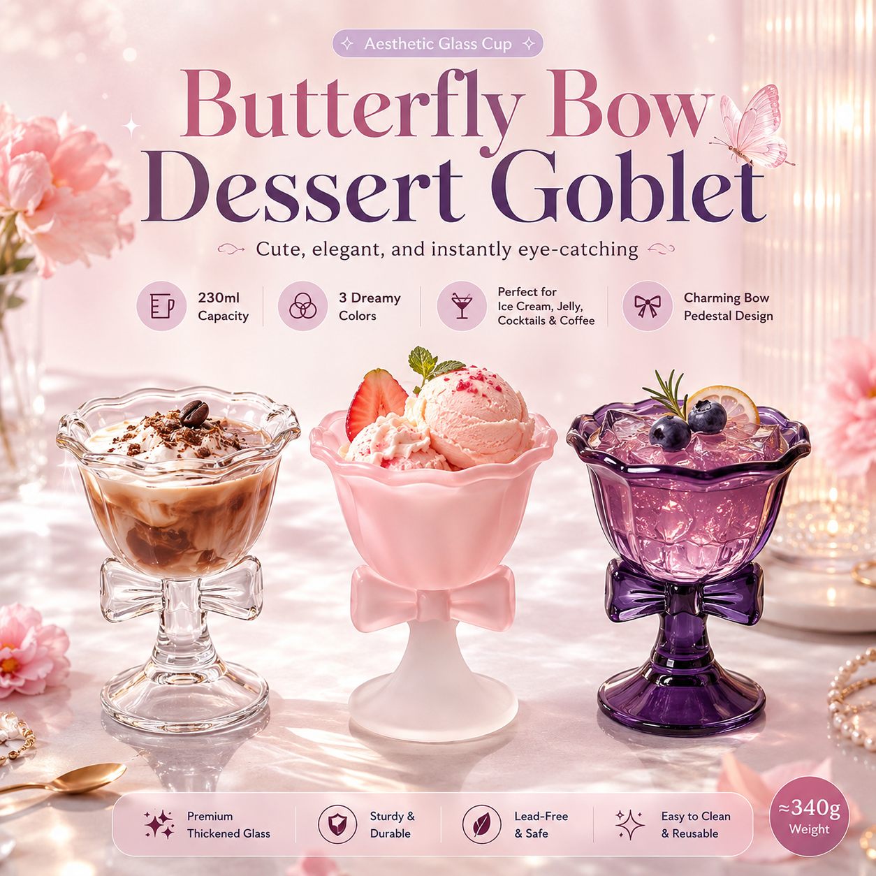 Butterfly Bow Dessert Goblet – Elegant 230ml Glass Cup for Ice Cream, Cocktails & Sweet Moments🦋
