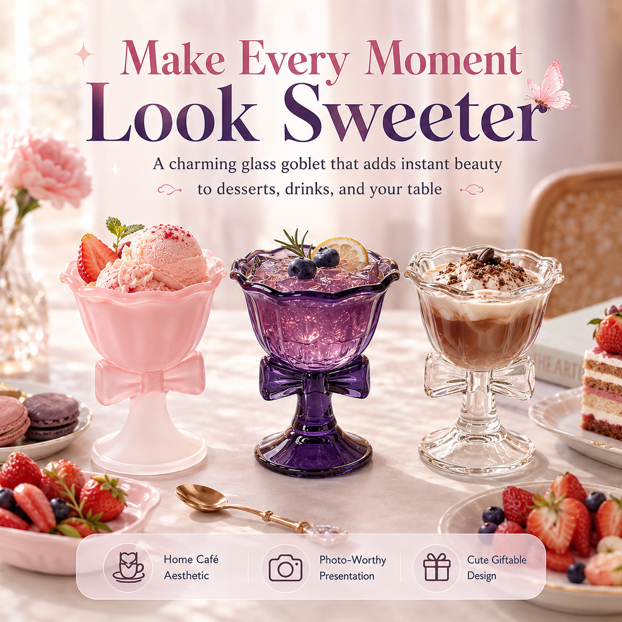 Butterfly Bow Dessert Goblet – Elegant 230ml Glass Cup for Ice Cream, Cocktails & Sweet Moments🦋
