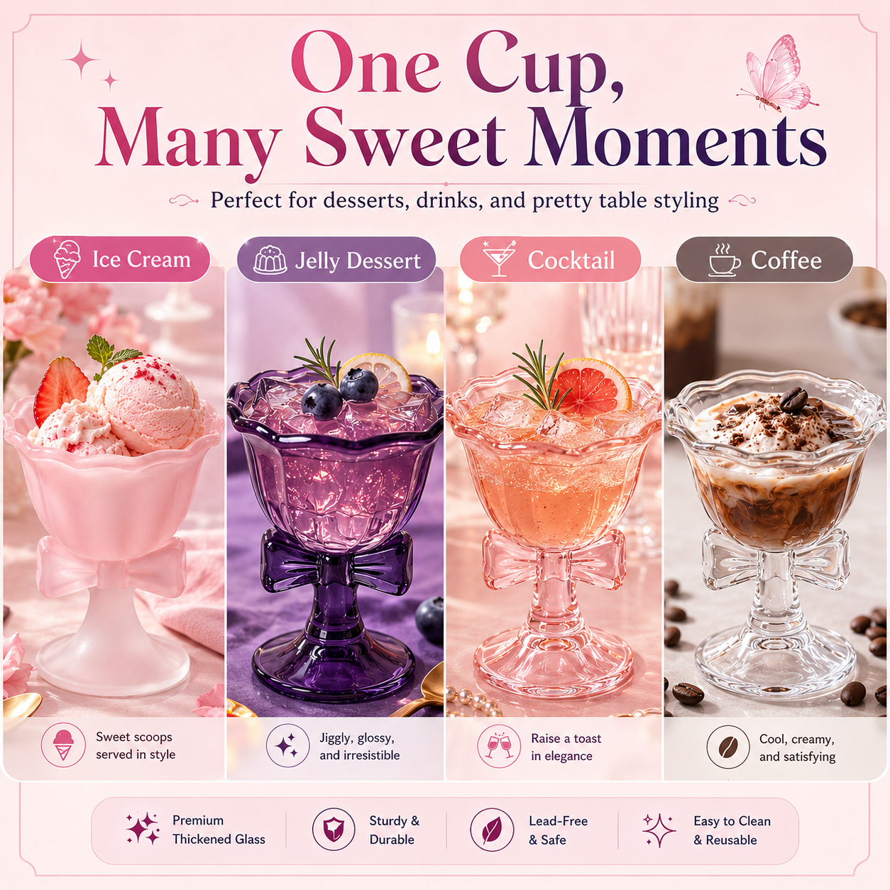 Butterfly Bow Dessert Goblet – Elegant 230ml Glass Cup for Ice Cream, Cocktails & Sweet Moments🦋