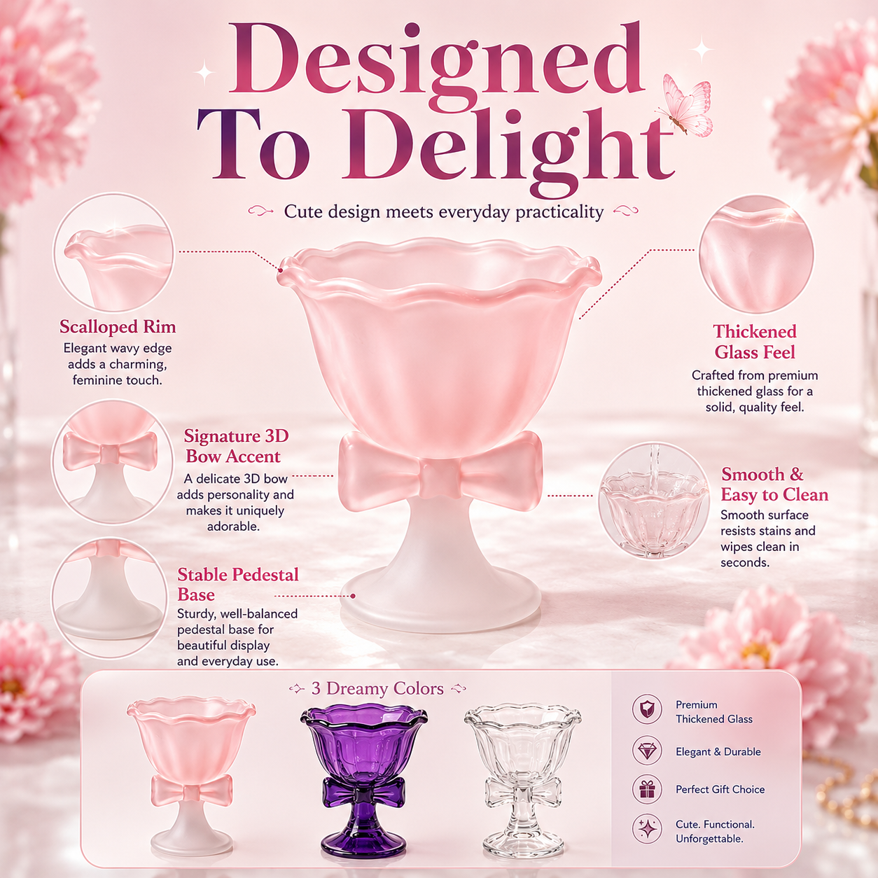 Butterfly Bow Dessert Goblet – Elegant 230ml Glass Cup for Ice Cream, Cocktails & Sweet Moments🦋