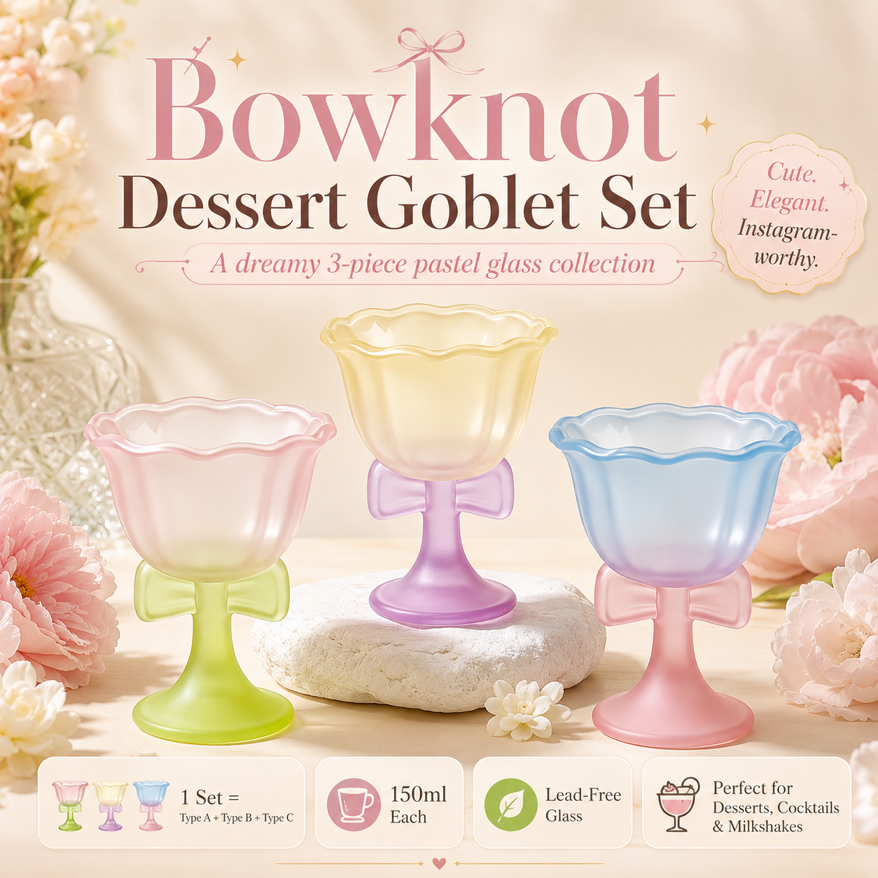 Dreamy Bowknot Dessert Goblet Set – 3-Piece Pastel Glass Cups for Ice Cream, Cocktails & Sweet Moments🎀
