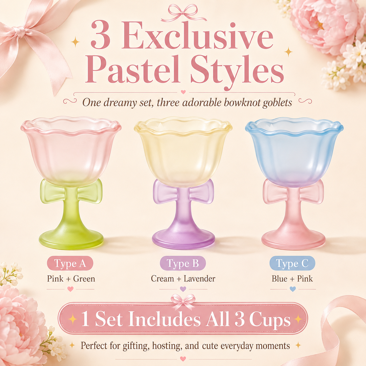 Dreamy Bowknot Dessert Goblet Set – 3-Piece Pastel Glass Cups for Ice Cream, Cocktails & Sweet Moments🎀