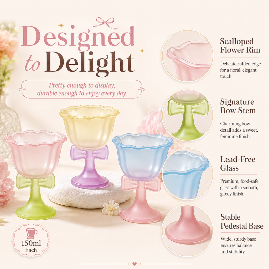 Dreamy Bowknot Dessert Goblet Set – 3-Piece Pastel Glass Cups for Ice Cream, Cocktails & Sweet Moments🎀