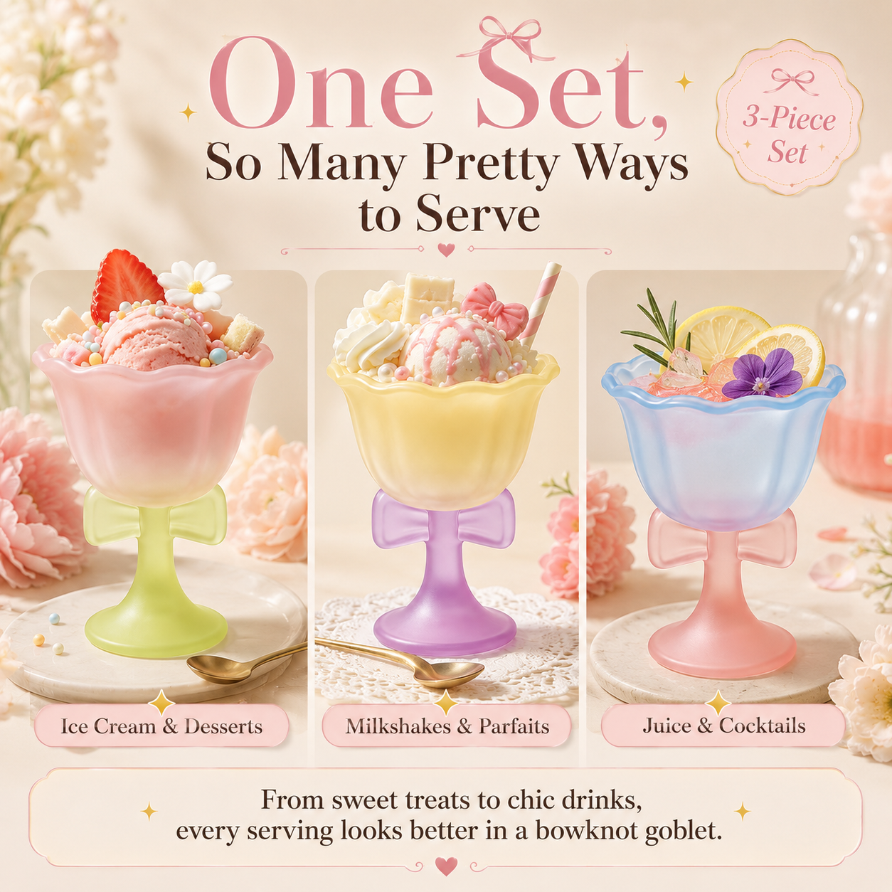 Dreamy Bowknot Dessert Goblet Set – 3-Piece Pastel Glass Cups for Ice Cream, Cocktails & Sweet Moments🎀