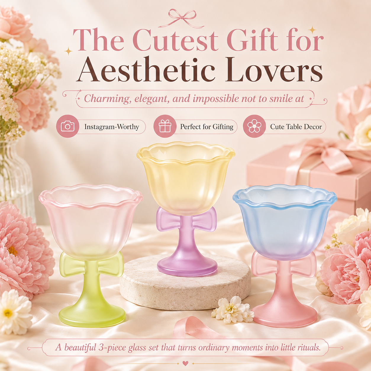 Dreamy Bowknot Dessert Goblet Set – 3-Piece Pastel Glass Cups for Ice Cream, Cocktails & Sweet Moments🎀