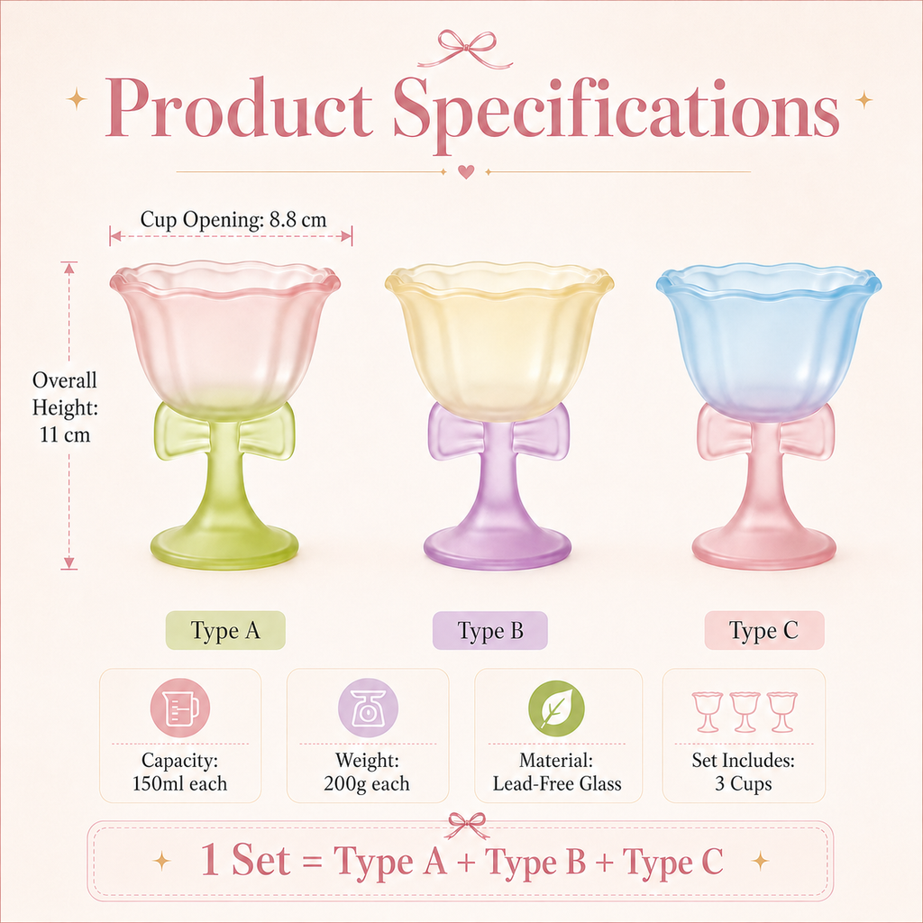Dreamy Bowknot Dessert Goblet Set – 3-Piece Pastel Glass Cups for Ice Cream, Cocktails & Sweet Moments🎀
