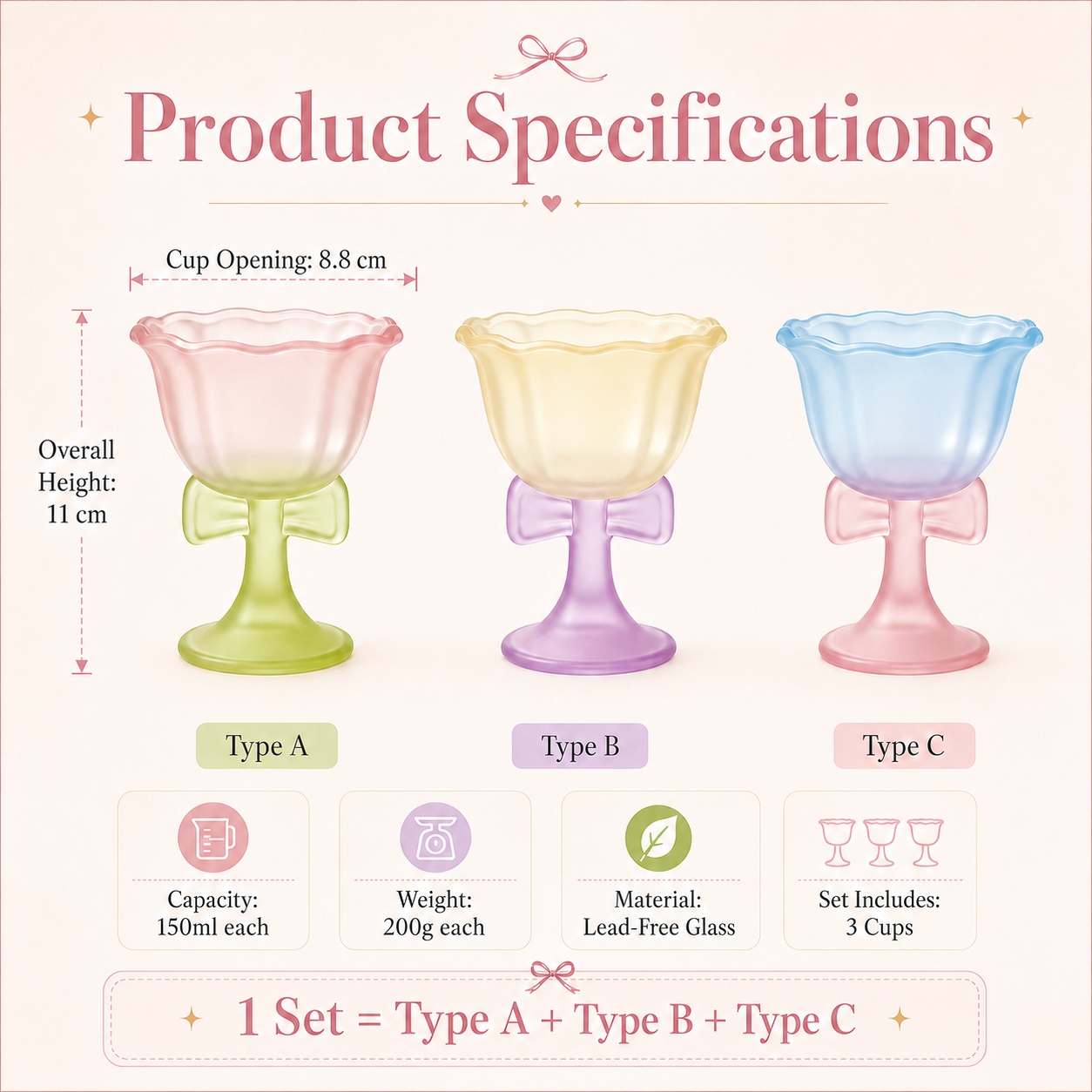 Dreamy Bowknot Dessert Goblet Set – 3-Piece Pastel Glass Cups for Ice Cream, Cocktails & Sweet Moments🎀