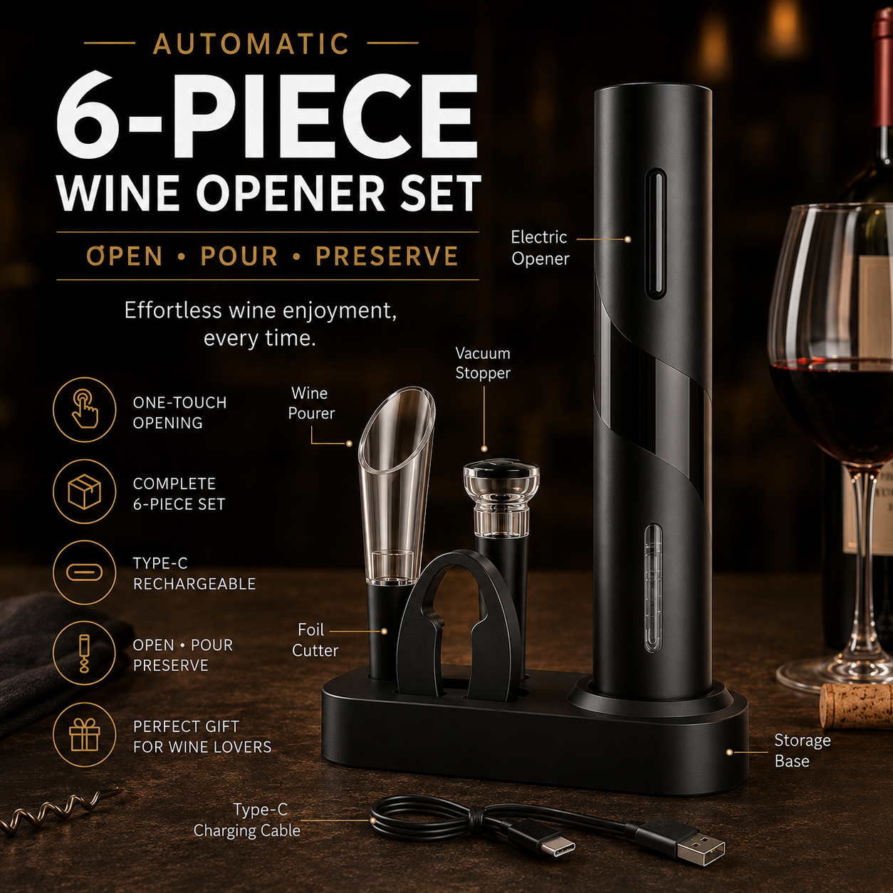🍷Automatic Electric Wine Opener Set – Open, Pour & Preserve