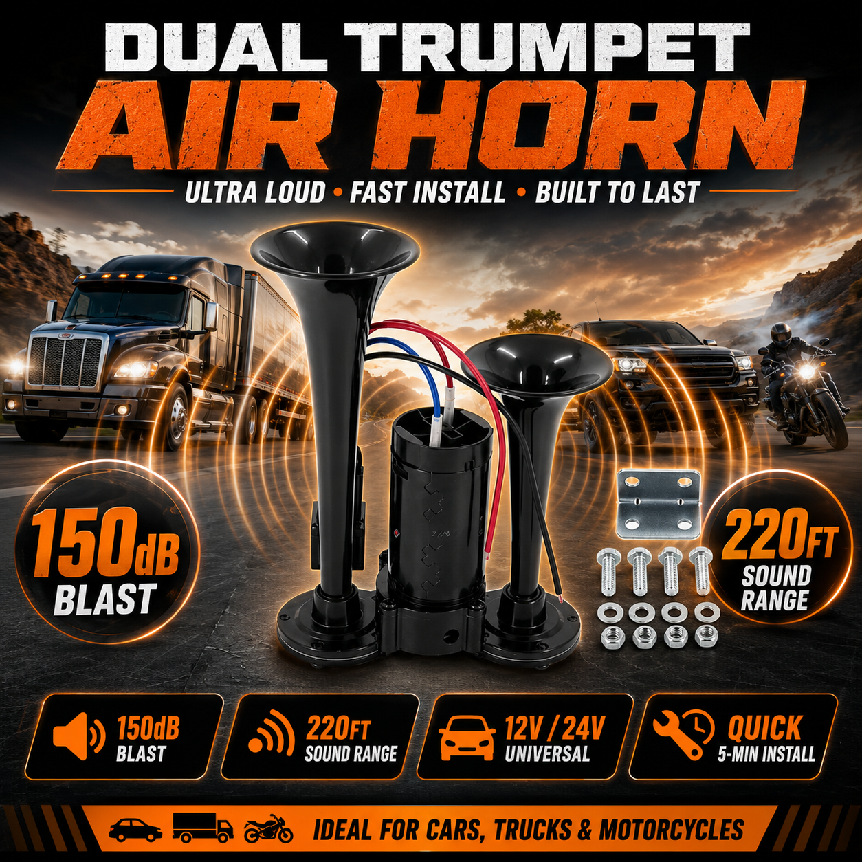 📣 ThunderBlast Dual Trumpet Air Horn — Ultra-Loud 12V/24V Power for Cars, Trucks & Motorcycles