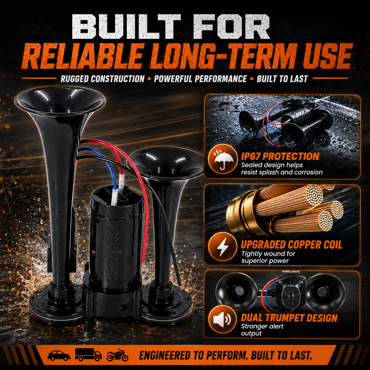 📣 ThunderBlast Dual Trumpet Air Horn — Ultra-Loud 12V/24V Power for Cars, Trucks & Motorcycles