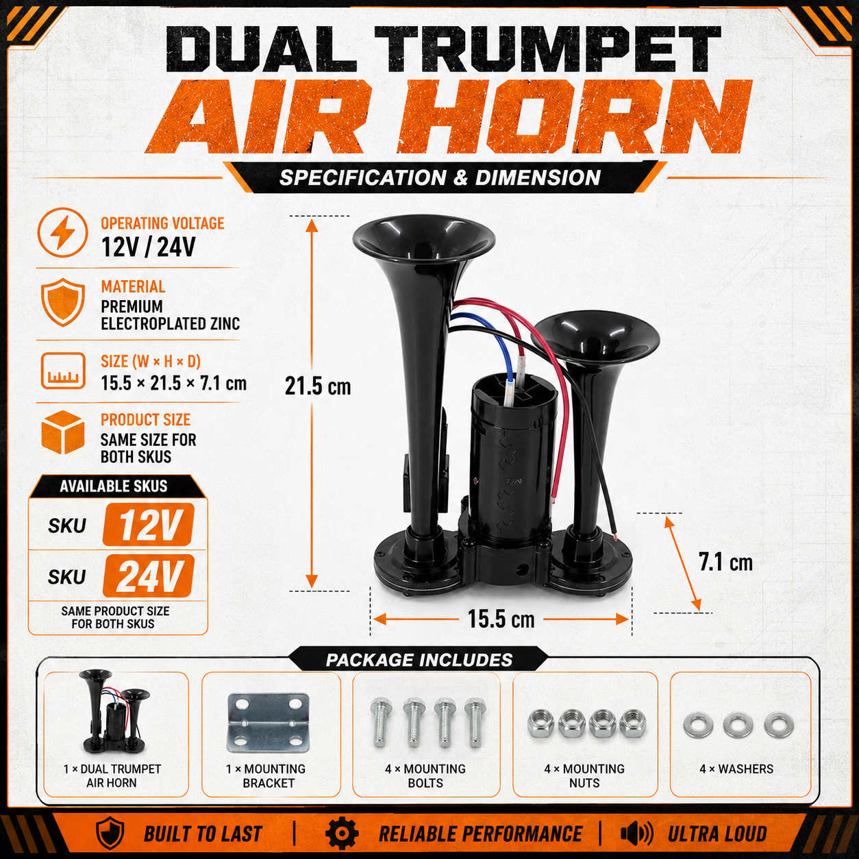 📣 ThunderBlast Dual Trumpet Air Horn — Ultra-Loud 12V/24V Power for Cars, Trucks & Motorcycles