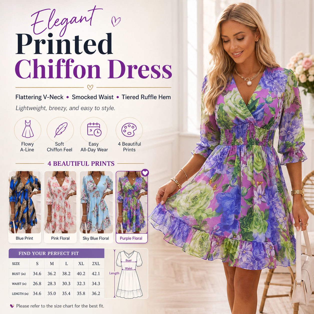 Floral V-Neck A-Line Dress – Smocked Waist, Ruffled Hem, Summer Ready 🌸