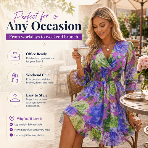 Floral V-Neck A-Line Dress – Smocked Waist, Ruffled Hem, Summer Ready 🌸