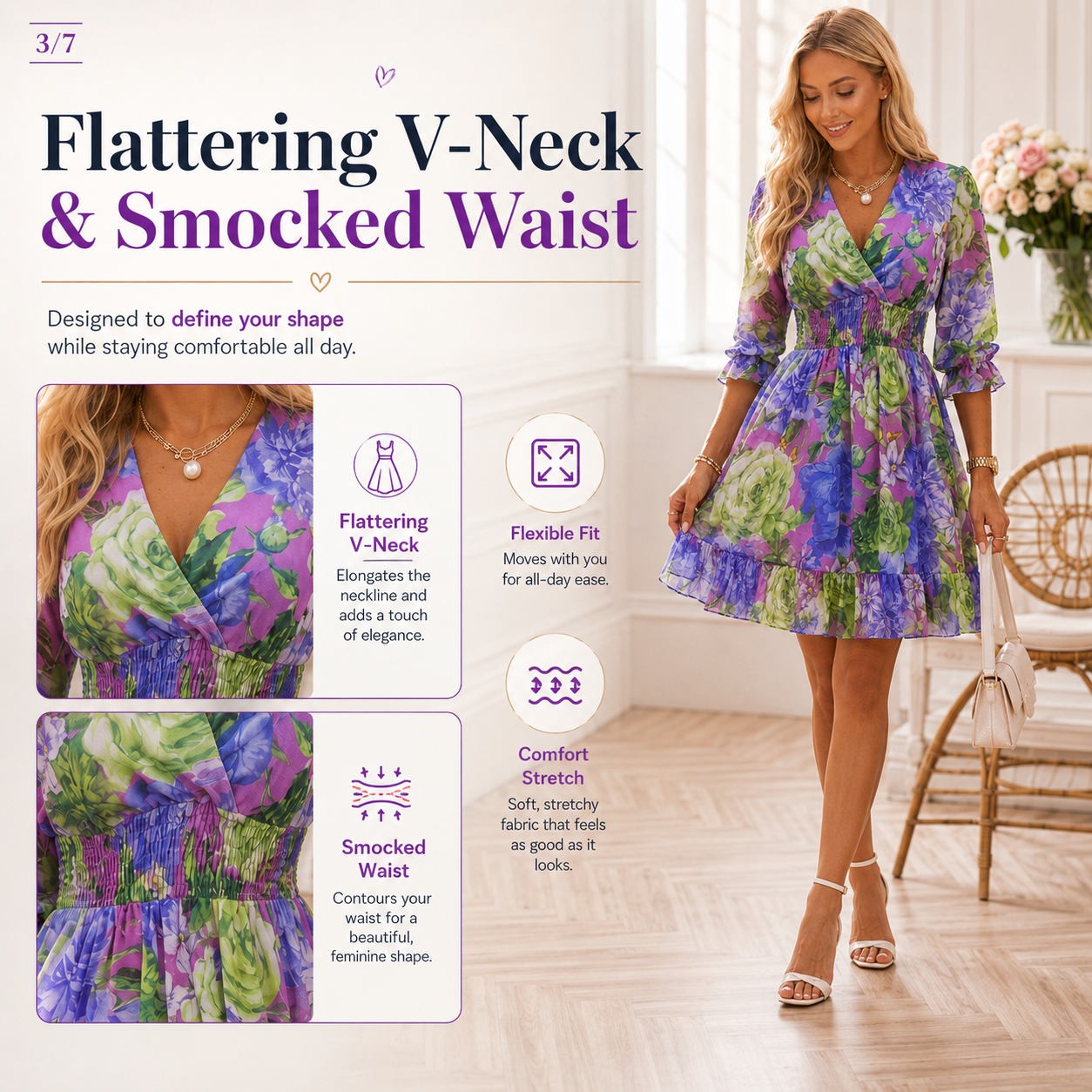 Floral V-Neck A-Line Dress – Smocked Waist, Ruffled Hem, Summer Ready 🌸