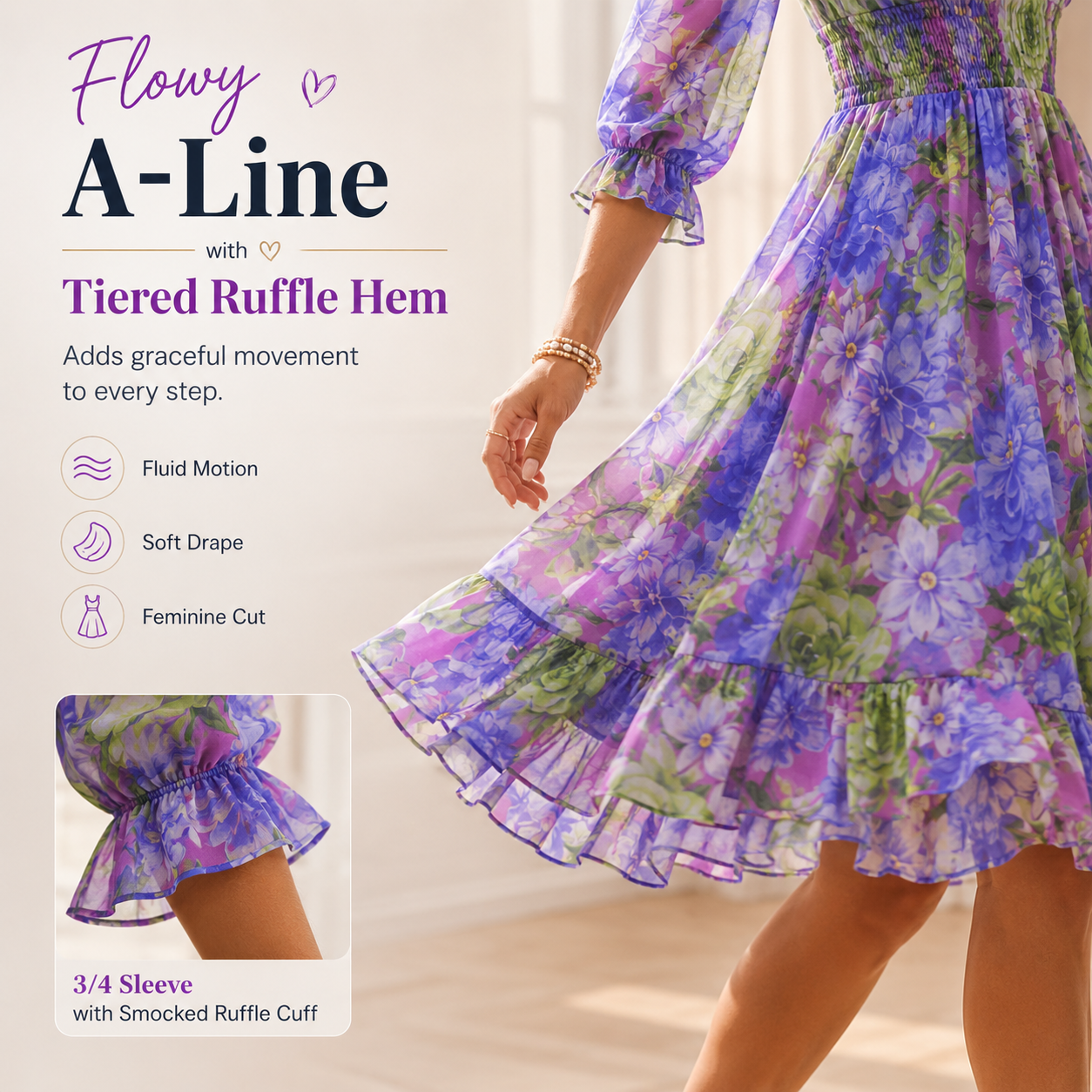 Floral V-Neck A-Line Dress – Smocked Waist, Ruffled Hem, Summer Ready 🌸