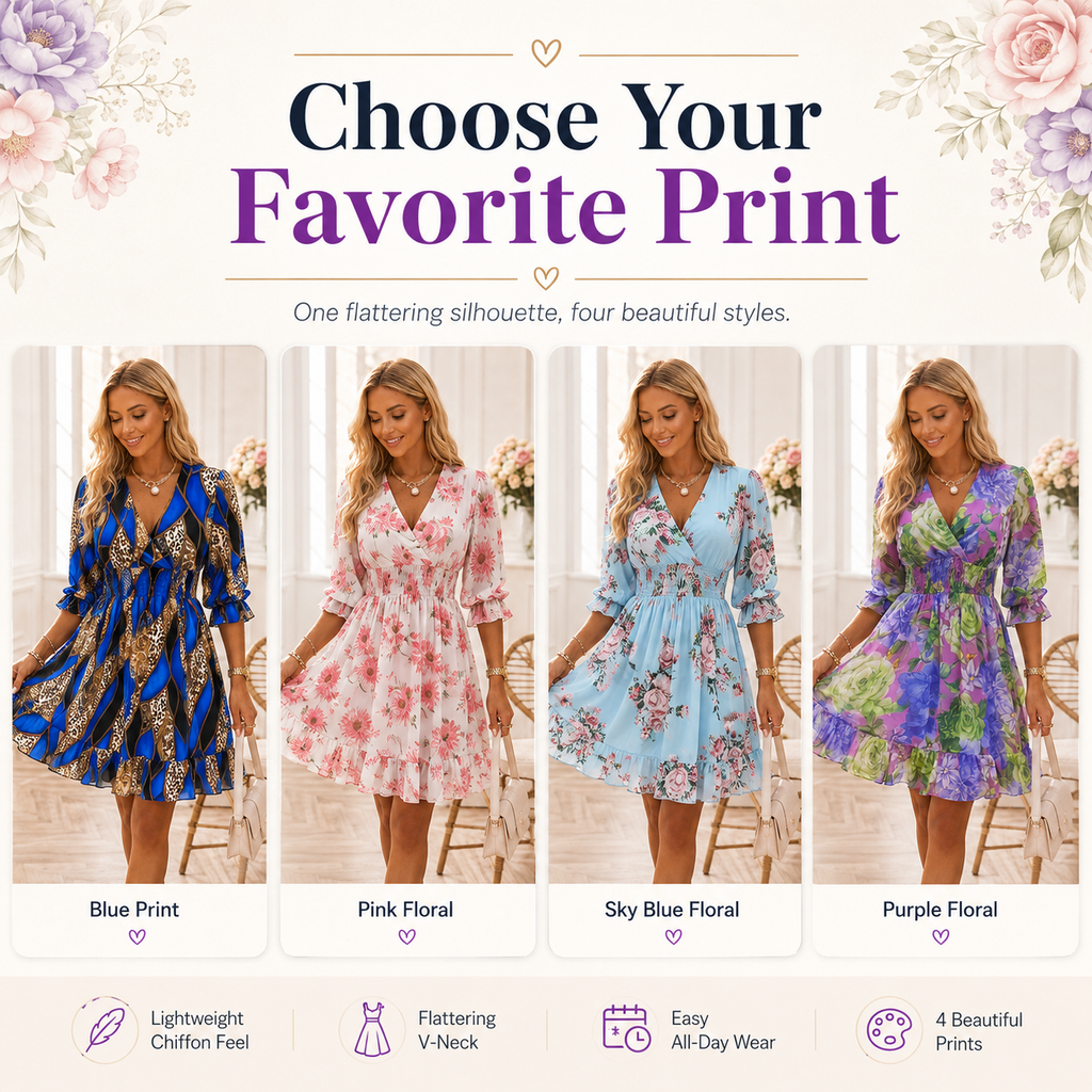 Floral V-Neck A-Line Dress – Smocked Waist, Ruffled Hem, Summer Ready 🌸