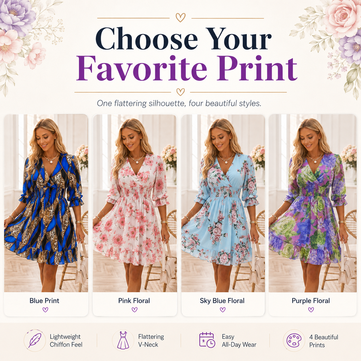 Floral V-Neck A-Line Dress – Smocked Waist, Ruffled Hem, Summer Ready 🌸