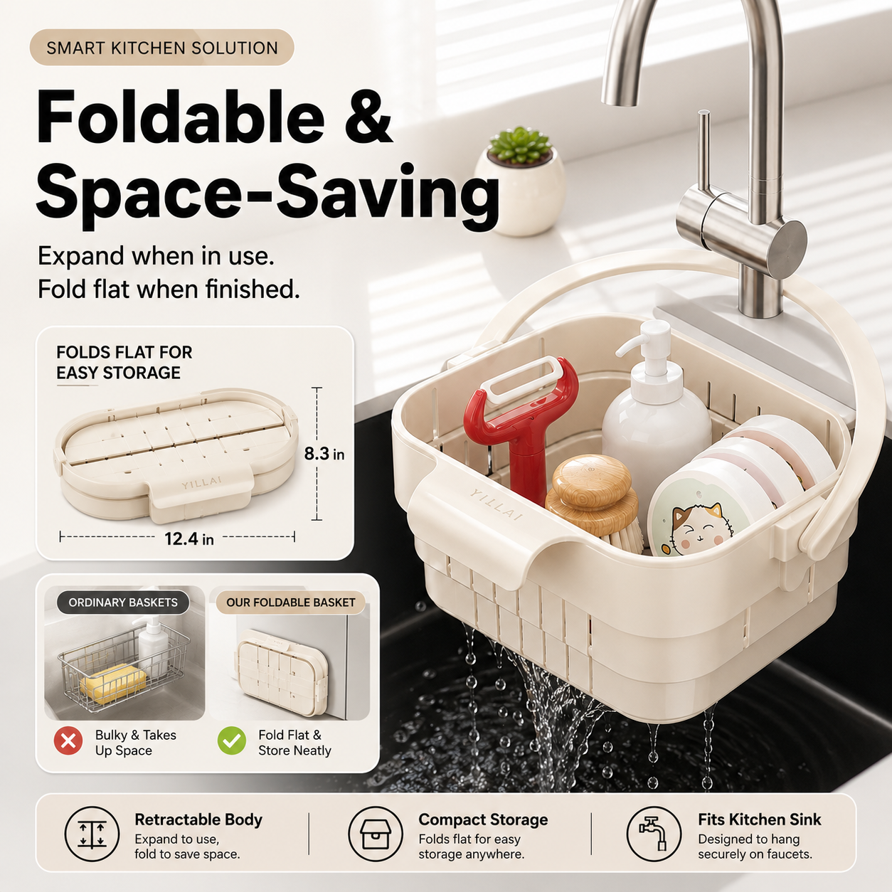 🔥 Foldable Hanging Sink Basket – Retractable Drain Colander for Washing, Straining & Kitchen Storage