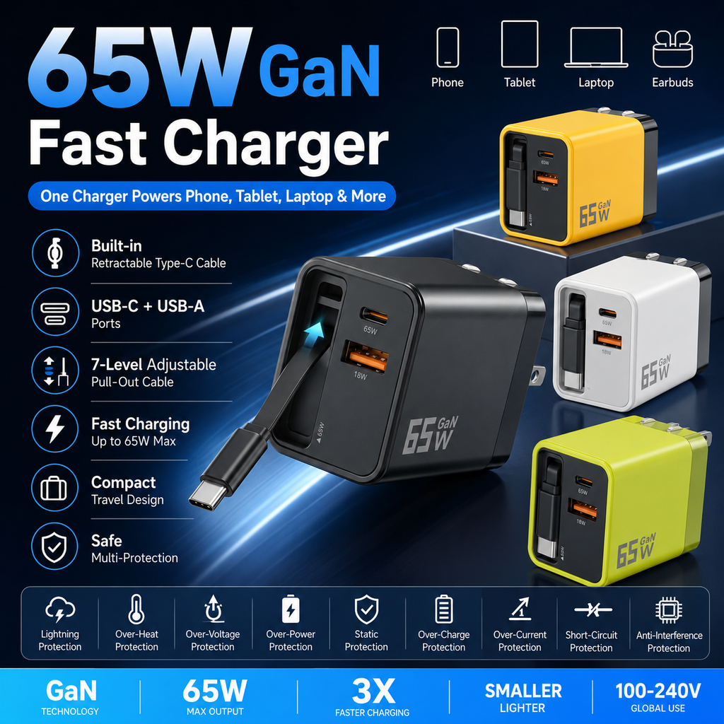 65W GaN Fast Charger with Retractable Type-C Cable – 3-in-1 USB-C & USB-A Travel Charger for Phone, Tablet & Laptop🔋