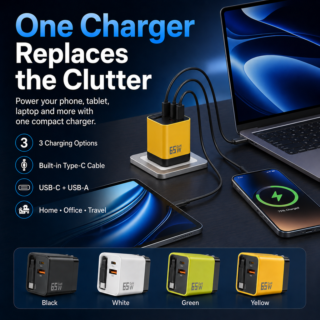 65W GaN Fast Charger with Retractable Type-C Cable – 3-in-1 USB-C & USB-A Travel Charger for Phone, Tablet & Laptop🔋