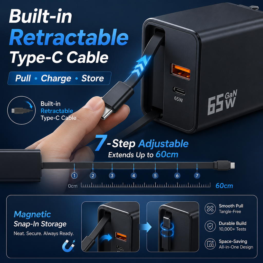 65W GaN Fast Charger with Retractable Type-C Cable – 3-in-1 USB-C & USB-A Travel Charger for Phone, Tablet & Laptop🔋