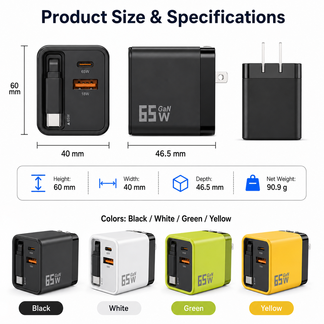 65W GaN Fast Charger with Retractable Type-C Cable – 3-in-1 USB-C & USB-A Travel Charger for Phone, Tablet & Laptop🔋